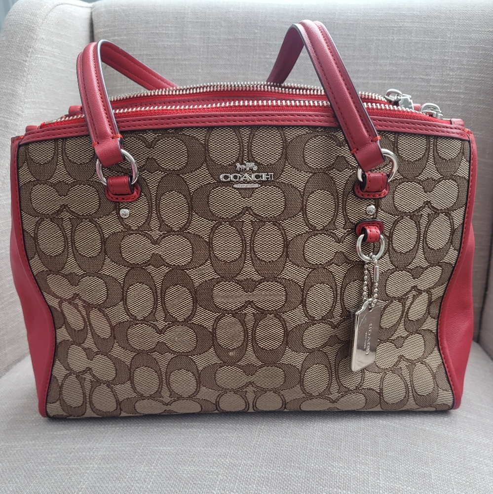 Coach Red leather and Tan canvas Coach multi compartment shoulder bag